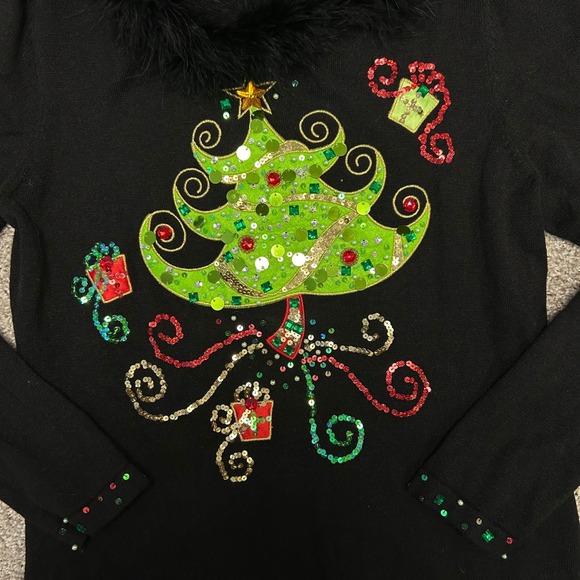 Vintage Jack B Quick Christmas Sweater Faux Fur Collar Women Small Tree Beaded - Picture 6 of 10